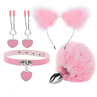 YOOJIA 4Pcs Adults Plush Cat Ears Headband Choker Nipple Clips Butt Plug Fur Tail Couples Stimulation Toys for Cosplay Party Pink B One Size