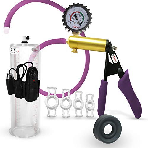 LeLuv Ultima Purple Premium Vibrating Penis Pump with Ergonomic Grips and Silicone Hose + Gauge & Cover, Sleeve & Cock Rings | 9