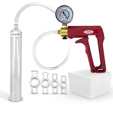 Load image into Gallery viewer, LeLuv Maxi and Gauge Red Penis Pump for Men Bundle with 4 Sizes of Constriction Rings 9 inch Length x 1.35 inch Cylinder Diameter
