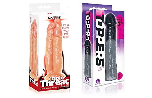 Sexy, Kinky Gift Set Bundle of Massive Triple Threat 3 Cock Dildo and Icon Brands Toppers - Black, Extender Sleeve