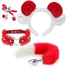 Load image into Gallery viewer, 4 Pcs Set Fun Cow Sheep Antelope Rabbit Sexy Maid Tie Ear Hairpin SM Metal Tail Anal Plug. Cosplay Neck Chest Bondage Accessories Sex Toy for Women Female Men Male Unisex (Sheep Red)
