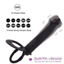 Load image into Gallery viewer, Silicone Strap On Penis Butt Plug, Double Penetration Dildo Vibrator with Cock Ring, Delay Ejaculation Anus Plug Massager Adult Erotic Anal Sex Toys for Male Man Women Couples Black
