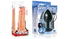 Load image into Gallery viewer, Sexy, Kinky Gift Set Bundle of Massive Triple Threat 3 Cock Dildo and Icon Brands The Silver Starter, Bejeweled Annodized Stainless Steel Plug, Colbalt
