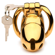 Load image into Gallery viewer, MASTER SERIES Midas 18K Gold-Plated Locking Chastity Cage for Men, and Couples. Gold Plated Cage with Two Graduated Rings &amp; 2 Keys, Perfect for Chastity Play. 5 Piece Set, Gold.
