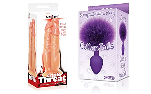 Sexy, Kinky Gift Set Bundle of Massive Triple Threat 3 Cock Dildo and Icon Brands Cottontails, Silicone Bunny Tail Butt Plug, Purple