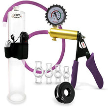 Load image into Gallery viewer, LeLuv Ultima Purple Premium Vibrating Penis Pump with Ergonomic Grips and Silicone Hose + Gauge &amp; Cover, Sleeve &amp; Cock Rings | 12&quot; x 2.125&quot;
