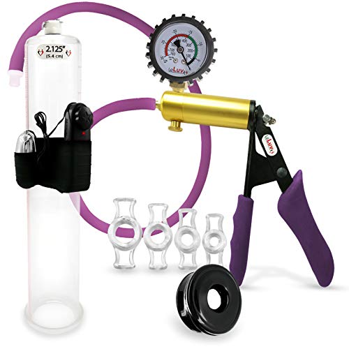 LeLuv Ultima Purple Premium Vibrating Penis Pump with Ergonomic Grips and Silicone Hose + Gauge & Cover, Sleeve & Cock Rings | 12