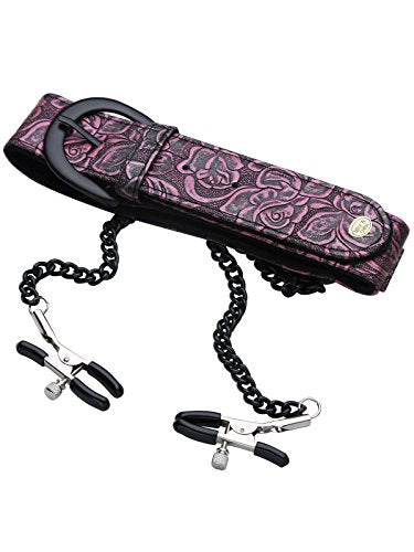 Fetish Faux Leather Bondage Restraint Slave Collar With Nipple Clamps #P1023(Rose Pattern)