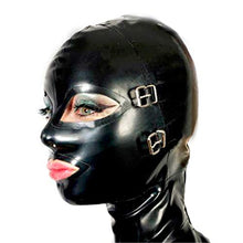 Load image into Gallery viewer, Black Latex Hood Mask with Removable Blindfold and Mouth Piece Gag Nose Nasal Tube Back Zipper Open Eyes Mouth Nose (with red teeth gag, with red nose tube, Medium, Black 0.6MM Thick)
