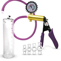 LeLuv Ultima Purple Premium Penis Pump with Ergonomic Grips and Silicone Hose + Gauge & Cover, 4 Cock Rings | 9