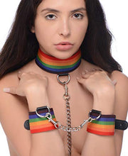 Load image into Gallery viewer, New Extreme Obedience Kinky Pride Rainbow Bondage Set - Wrist/Ankle Cuffs &amp; Collar with Leash - Perfect for All Skill Levels
