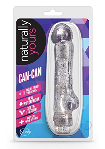 Blush Naturally Yours Can Can 7 Inch Soft Curved Bulbous Tip Vibrator Stimulator IPX7 Submersible Waterproof Vibrating Sex Toy for Women Bendable Abstract Dildo for Her - Adorned with Glitter - Clear