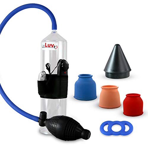 Bundle of 4 Items: Leluv Vibrating Easyop Bgrip Ball Handle Vacuum Pump with 3 Sleeves, Number 4 (.6 Inch) Slippery Blue Tension Ring and Easy Loader Cone