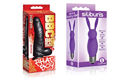Sexy, Kinky Gift Set Bundle of Big Black Cock Phat Boy 9 Inch Dildo and Icon Brands Silibuns, Silicone Bunny Bullet, Purple