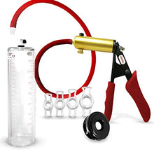 Load image into Gallery viewer, LeLuv Penis Vacuum Pump Ultima Handle Red Premium Ergonomic Grips &amp; Uncollapsable Slippery Hose Bundle with Airtight Seal &amp; 4 Constriction Ring Sampler Pack - 9&quot; Length x 2.25&quot; Diameter Cylinder
