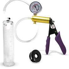 Load image into Gallery viewer, Vacuum Penis Pump Ergonomic Silicone Grip LeLuv Ultima Purple with Gauge + TPR Sleeve 9&quot; x 2.00&quot; Diameter
