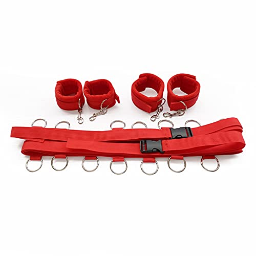 THAT NIGHT Adult Bed Bundles Sexy Bed with 7 Buckle Steel Rings, Female Equipment Adjustable Handcuffs Binding Straps red