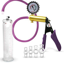 Load image into Gallery viewer, LeLuv Ultima Purple Premium Penis Pump with Ergonomic Grips and Silicone Hose + Gauge &amp; Cover, 4 Cock Rings | 9&quot; x 2.00&quot;
