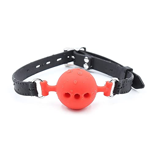 Matranvc Soft Leather Adjustable Mouth Plug Solid Three-Hole Breathable Mouth Ball Couple Stage Role Playing Props (Red)