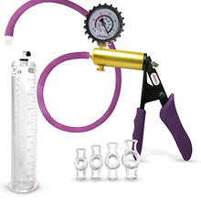 Load image into Gallery viewer, LeLuv Ultima Purple Premium Penis Pump with Ergonomic Grips and Silicone Hose + Gauge &amp; Cover, 4 Cock Rings | 9&quot; x 1.50&quot;
