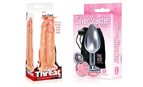Sexy, Kinky Gift Set Bundle of Massive Triple Threat 3 Cock Dildo and Icon Brands The Silver Starter, Rose, Floral Stainless Steel Butt Plug, Pink