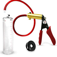 LeLuv Penis Vacuum Pump Ultima Handle Red Premium Ergonomic Grips & Uncollapsable Slippery Hose Bundle with Soft TPR Seal - 9