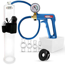 Load image into Gallery viewer, LeLuv Maxi Blue Plus Vacuum Gauge Vibrating Penis Pump Bundle with Premium Silicone Hose, Black TPR Seal and 4 Sizes of Constriction Rings 12 inch x 2.125 inch Cylinder
