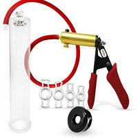 LeLuv Penis Vacuum Pump Ultima Handle Red Premium Ergonomic Grips & Uncollapsable Slippery Hose Bundle with Airtight Seal & 4 Constriction Ring Sampler Pack - 12