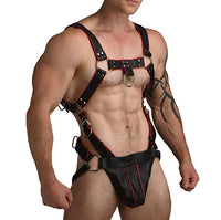 Master Series Heathen's Harness Male Body Harness for BDSM, Vegan Leather Body Harness Restraints with 2 inch Cock Ring. Large - X-Large, Black & Red