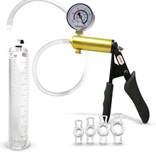 Load image into Gallery viewer, Vacuum Penis Pump Ergonomic Silicone Grip LeLuv Ultima Black with Gauge + 4 Cock Rings 9&quot; x 1.50&quot;
