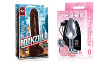 Load image into Gallery viewer, Sexy, Kinky Gift Set Bundle of Cockzilla Nearly 17 Inch Realistic Black Colossal Cock and Icon Brands The Silver Starter, Rose, Floral Stainless Steel Butt Plug, Pink
