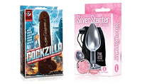 Sexy, Kinky Gift Set Bundle of Cockzilla Nearly 17 Inch Realistic Black Colossal Cock and Icon Brands The Silver Starter, Rose, Floral Stainless Steel Butt Plug, Pink
