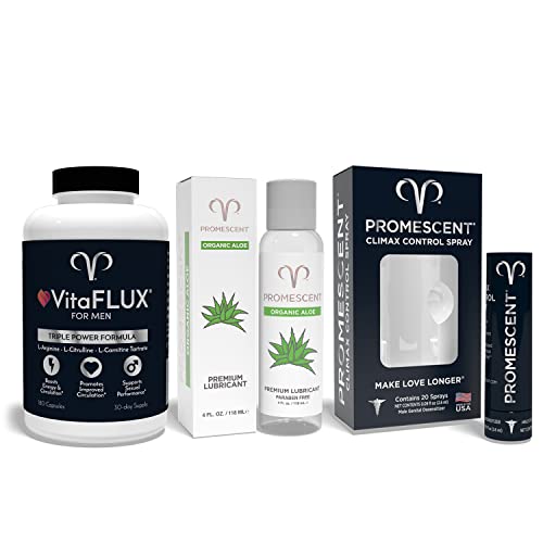 VitaFLUX Triple Power Nitric Oxide Supplement + Organic Aloe Lube for Sex with Natural Ingredients + Promescent Desensitizing Delay Spray for Men Clinically Proven to Help You Last Longer