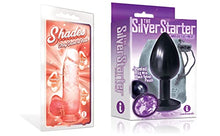 Load image into Gallery viewer, Sexy, Kinky Gift Set Bundle of Shades, Small Jelly TPR, Gradient Dong, Coral and Icon Brands The Silver Starter, Bejeweled Annodized Stainless Steel Plug, Violet
