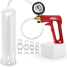 Load image into Gallery viewer, LeLuv Maxi and Protected Gauge Red Penis Pump for Men Bundle with 4 Sizes of Constriction Rings 12 inch Length x 3.25 inch Cylinder Diameter
