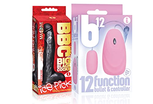 Sexy Gift Set of Big Black Cock Ice Pick 13 Inch Dildo and Icon Brands B12 Bullet, Pink