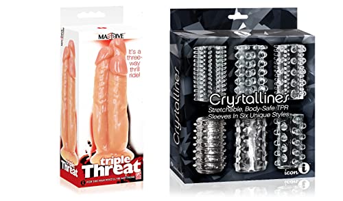 Sexy, Kinky Gift Set Bundle of Massive Triple Threat 3 Cock Dildo and Icon Brands Crystalline TPR Cock Sleeves, 6 Pack, Clear