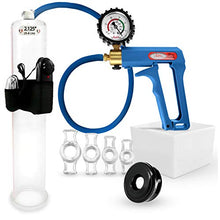 Load image into Gallery viewer, LeLuv Maxi Blue Plus Rubberized Vacuum Gauge Vibrating Penis Pump Bundle with Premium Silicone Hose, Black TPR Seal and 4 Sizes of Constriction Rings 12 inch x 2.125 inch Cylinder
