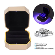 Load image into Gallery viewer, KUIDAMOS Lighted Rings Box, Easy To Easy To Carry Plastic Outer Layer LED Light Couple Ring Box Soft Flocking Inner for Lovers for Engagements(Gold)
