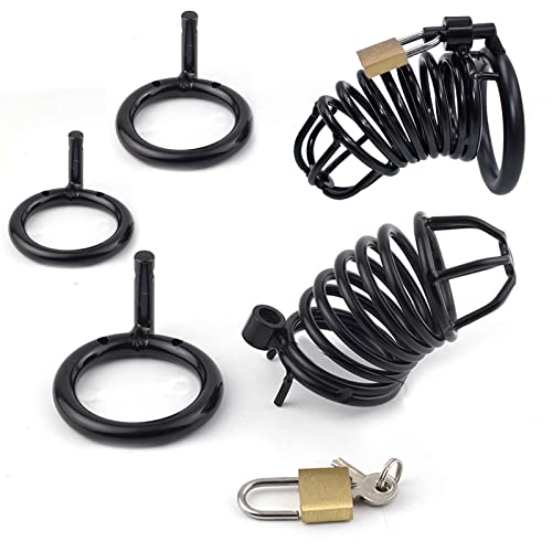 tatabanman Male Chastity Device with 3 Difference Size Rings, Smooth Surface Cock Cage, Locked Cage Lock and Keys Included Black