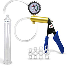 Load image into Gallery viewer, LeLuv Ultima Blue Penis Pump Ergonomic Silicone Grip + Gauge &amp; Cover 4 Cock Rings 9&quot; x 1.35&quot;

