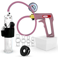 LeLuv Vibrating Premium Penis Pump Uncollapsable Silicone Hose Maxi Purple Plus Vacuum Gauge Bundle with Soft Black TPR Seal & 4 Sizes of Constriction Rings 9 inch x 1.75 inch Cylinder