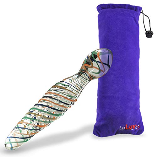 LeLuv Glass Wand Dildo Multi-Color Swirled Ribs and Bulb Head Bundle with Embroidered Padded Pounch