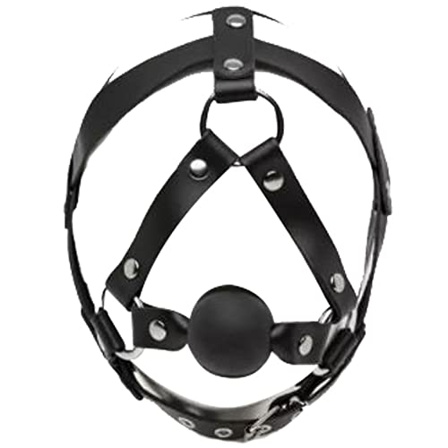 Real Leather Head Harness and Medium Ball Gag for Pup Play Bondage BDSM Cosplay (X-Small, Black)