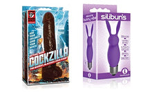 Load image into Gallery viewer, Sexy, Kinky Gift Set Bundle of Cockzilla Nearly 17 Inch Realistic Black Colossal Cock and Icon Brands Silibuns, Silicone Bunny Bullet, Purple
