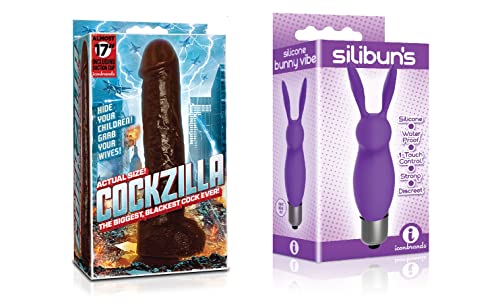 Sexy, Kinky Gift Set Bundle of Cockzilla Nearly 17 Inch Realistic Black Colossal Cock and Icon Brands Silibuns, Silicone Bunny Bullet, Purple