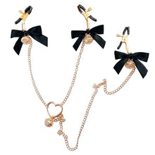 Load image into Gallery viewer, Three Heads Nipple Clamps with Chain, Bow-Knot Nipple Clips Clamps Sexual Pain for Women &amp; Men, Nipple Toys for Daily Wearing or Flirting (Black Bow-Knot)
