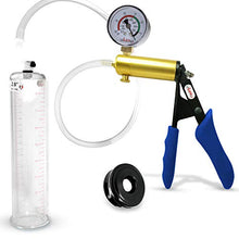 Load image into Gallery viewer, Vacuum Penis Pump Ergonomic Silicone Grip LeLuv Ultima Blue with Gauge + TPR Sleeve 9&quot; x 2.00&quot; Diameter
