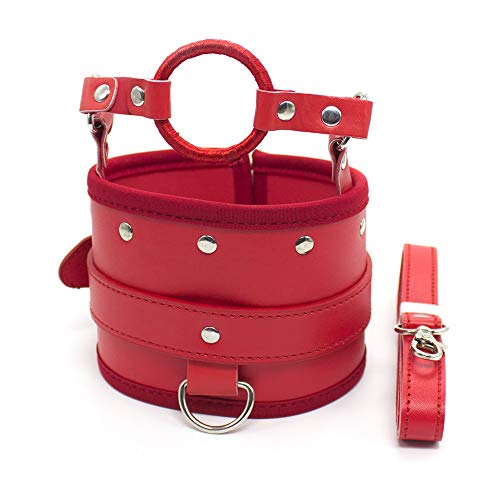 Leather widening Neck Sleeve with Mouth Ring Mouth Toy with Leather Traction Belt Role-Playing Props (red)
