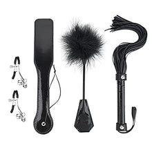 Load image into Gallery viewer, LANWAN 4PCS Whip Set Horse Riding Crop Faux Leather Whip Flogger and Nipple Clamps (Black)
